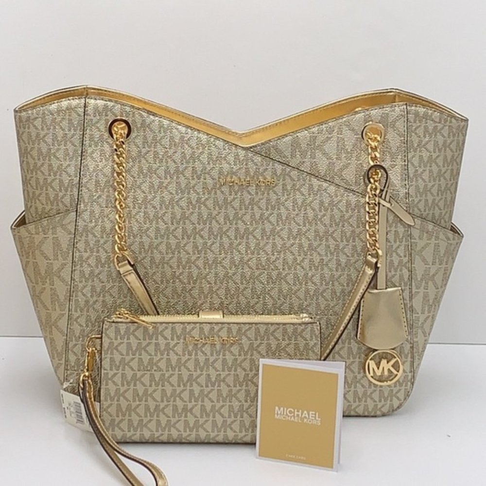 Michael Kors Large X Chain Shoulder Tote & Large Double Zip Wallet Pale Gold - Picture 3 of 16
